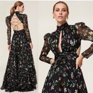 Mac Duggal Black Multi Floral Long Sleeve Lace Up Back Chiffon Gown